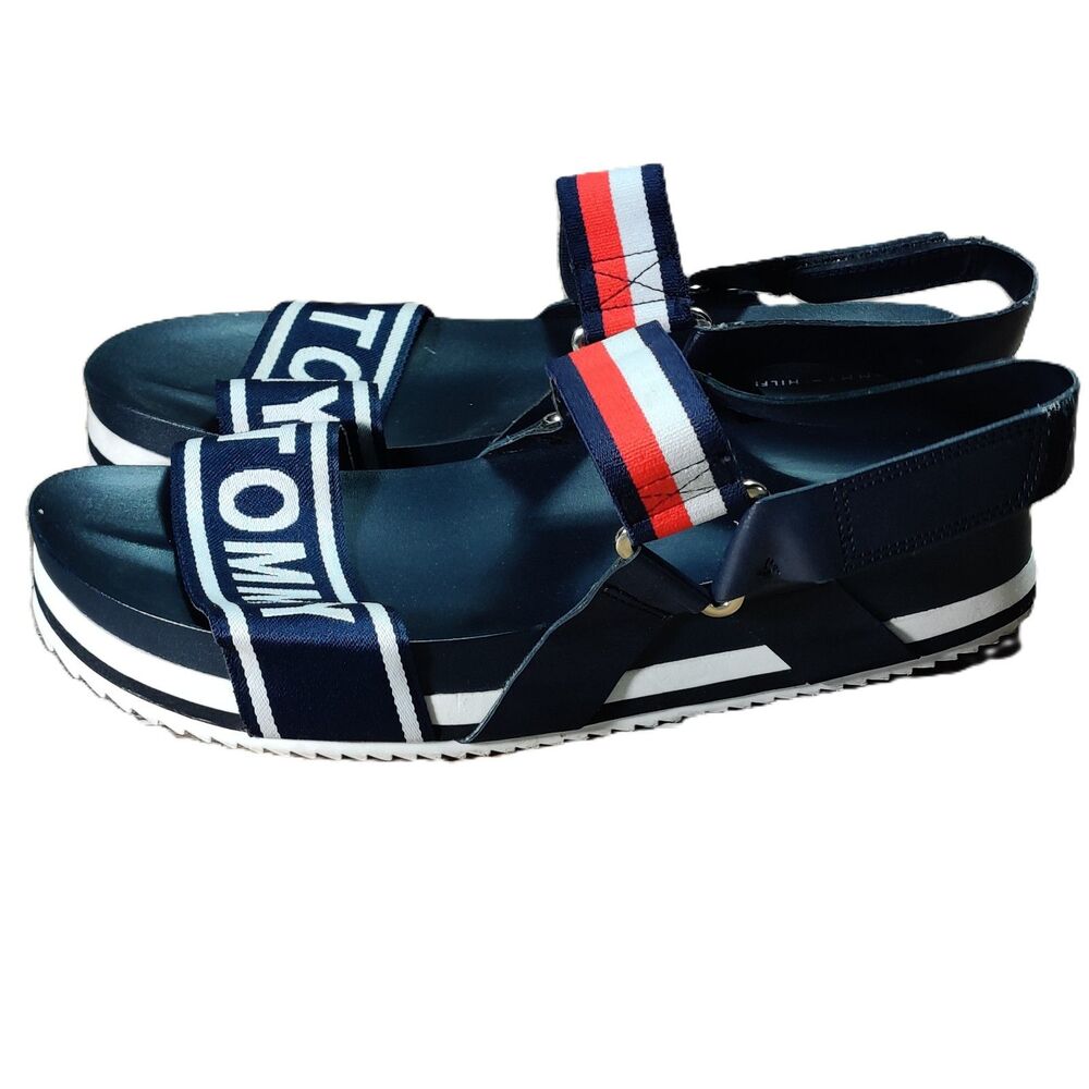 Tommy Hilfiger Women’s 9.5M Navy Logo Sport Platform Sandals Red White Blue